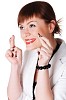 charming brunette business woman in a white jacket with black beads