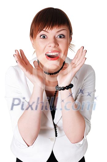 charming brunette business woman in a white jacket with black beads charming brunette business woman in a white jacket with black beads