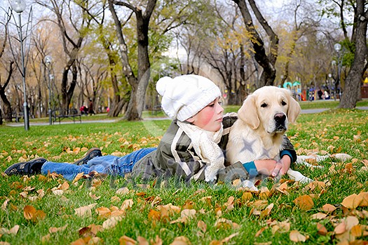 Boy playing in autumn park with a golden retriever. Boy playing in autumn park with a golden retriever.