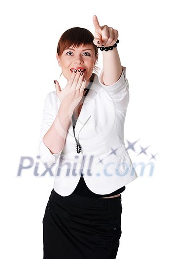 charming brunette business woman in a white jacket with black beads charming brunette business woman in a white jacket with black beads