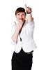 charming brunette business woman in a white jacket with black beads