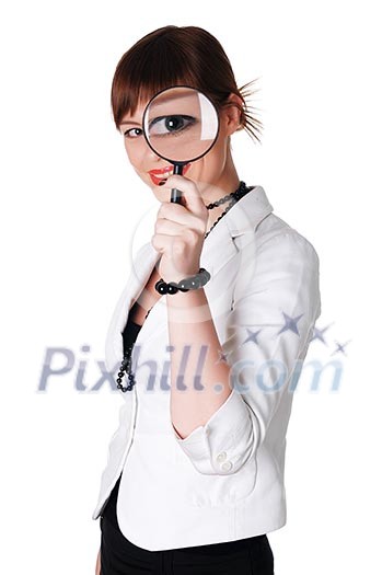 charming brunette business woman in a white jacket with black beads charming brunette business woman in a white jacket with black beads