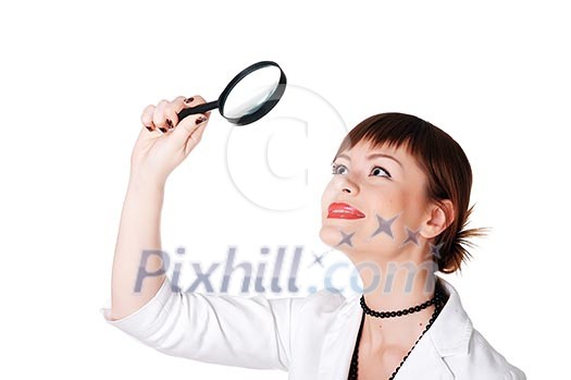 charming brunette business woman in a white jacket with black beads charming brunette business woman in a white jacket with black beads