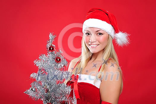 Portrait of a young charming girl dressed as Santa with a Christmas tree. Happy New Year! Portrait of a young charming girl dressed as Santa with a Christmas tree. Happy New Year!