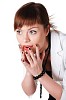 charming brunette business woman in a white jacket with black beads