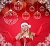 Portrait of a young girl dressed as Santa Claus on a red background. Happy New Year and Merry Christmas!