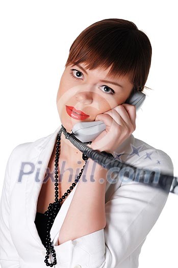 charming brunette business woman in a white jacket with black beads charming brunette business woman in a white jacket with black beads