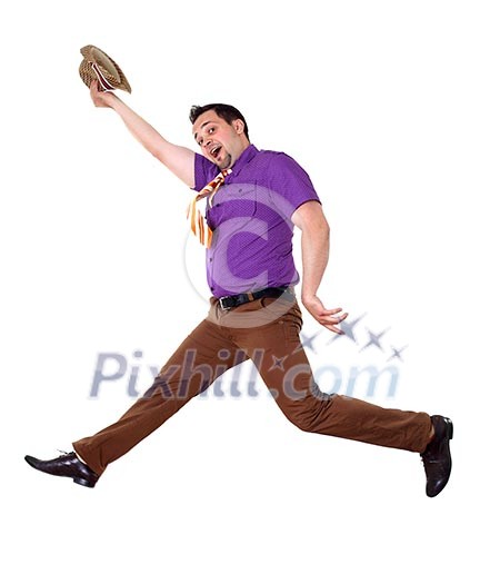 jumping young happy man in bright colour wear with funny expression