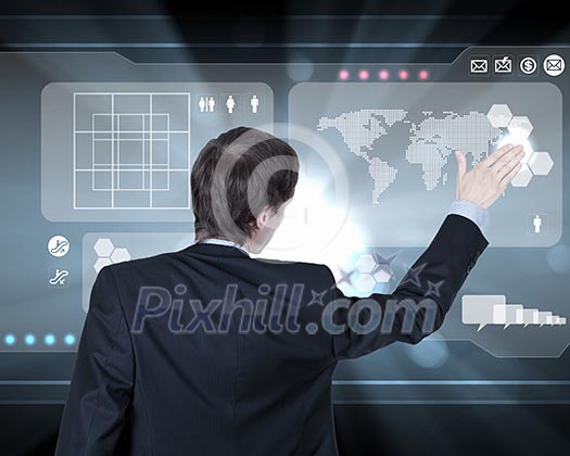 Businessman working on a virtual digital keyboard Businessman working on a virtual digital keyboard