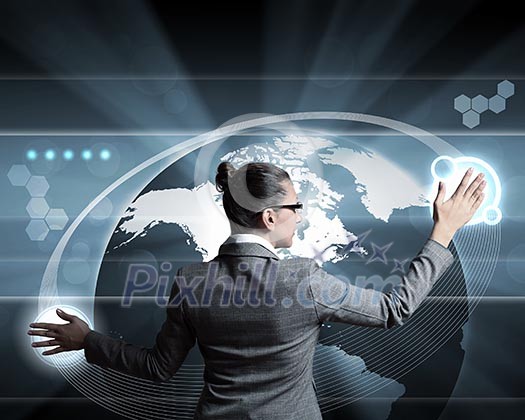 Businesswoman working on a virtual digital keyboard Businesswoman working on a virtual digital keyboard
