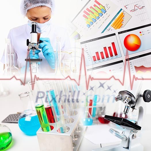 Collage on science with young woman and laborotary equipment Collage on science with young woman and laborotary equipment