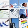 Collage of financial and business charts and graphs