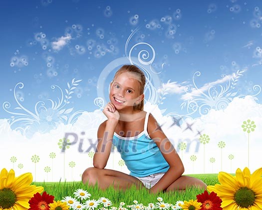 Collage with little smiling girl on green grass Collage with little smiling girl on green grass