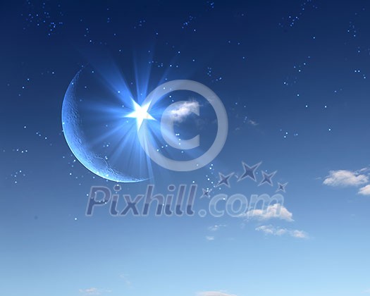 symbols of islam religion against bright cloudy sky symbols of islam religion against bright cloudy sky