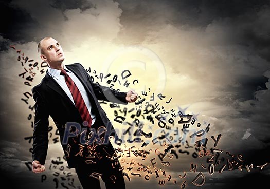 Image of young businessman in anger against illustration background Image of young businessman in anger against illustration background
