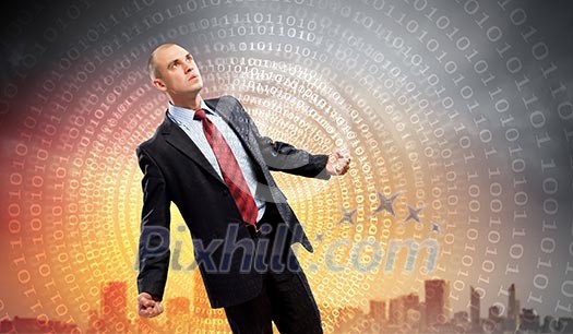 Image of young businessman in anger against illustration background Image of young businessman in anger against illustration background