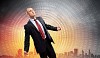 Image of young businessman in anger against illustration background
