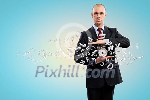 Image of businessman holding alarmclock against illustration background. Collage Image of businessman holding alarmclock against illustration background. Collage