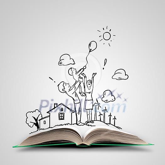 Image of opened book with drawings. Collage Image of opened book with drawings. Collage