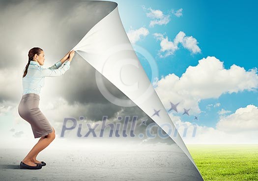 Image of young pretty woman changing reality Image of young pretty woman changing reality