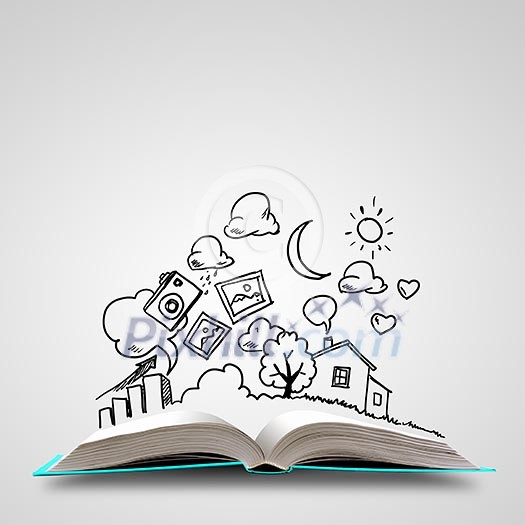Image of opened book with drawings. Collage Image of opened book with drawings. Collage