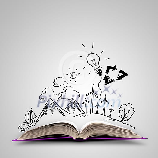 Image of opened book with drawings. Collage Image of opened book with drawings. Collage