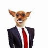 Funny portrait of a dog in a suit on an white background. Collage.