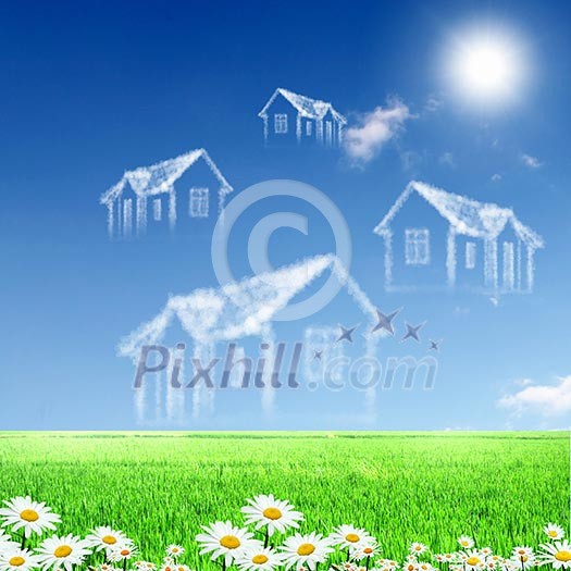 Picture of a house from white clouds against blue sky Picture of a house from white clouds against blue sky