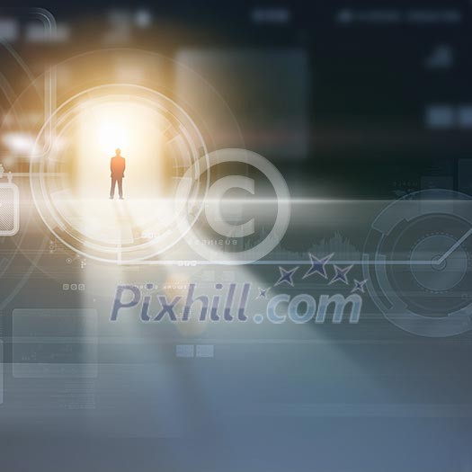 Businessman silhouette standing against media picture background Businessman silhouette standing against media picture background