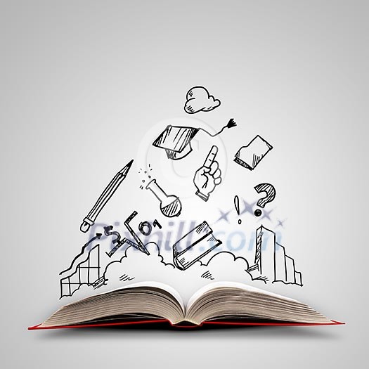 Image of opened book with drawings. Collage Image of opened book with drawings. Collage