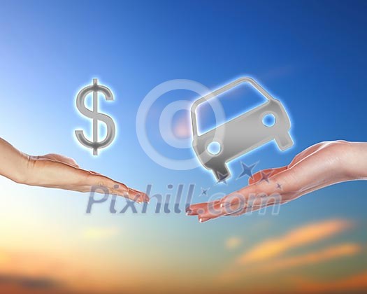 Collage with human hands holding money against blue sky Collage with human hands holding money against blue sky