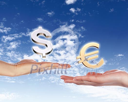 Collage with human hands holding money against blue sky Collage with human hands holding money against blue sky