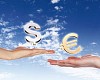 Collage with human hands holding money against blue sky