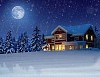 A snowcovered red wooden house on a snowy evening with full moonlight