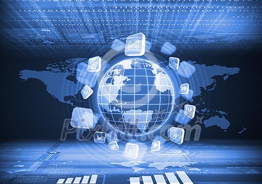 Digital image of globe with conceptual icons. Globalization concept Digital image of globe with conceptual icons. Globalization concept