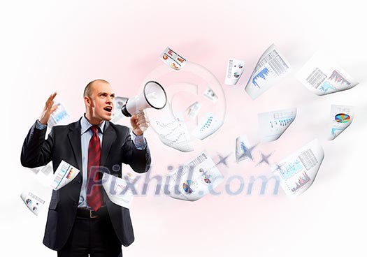 Image of angry businessman screaming in megaphone Image of angry businessman screaming in megaphone
