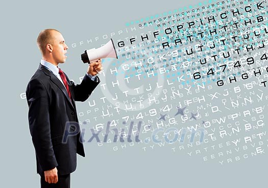 Image of angry businessman screaming in megaphone Image of angry businessman screaming in megaphone