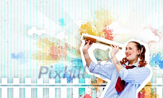Image of young pretty woman looking in telescope Image of young pretty woman looking in telescope