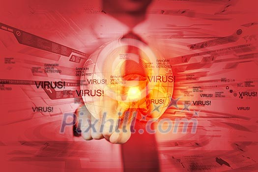 Image of businessman touching virus alert icon Image of businessman touching virus alert icon