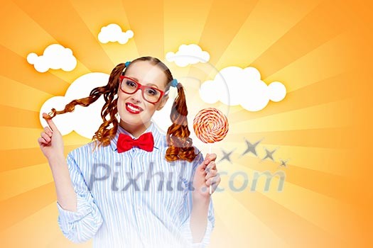 Image of funny lady in red glasses with lollipop Image of funny lady in red glasses with lollipop