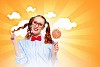 Image of funny lady in red glasses with lollipop