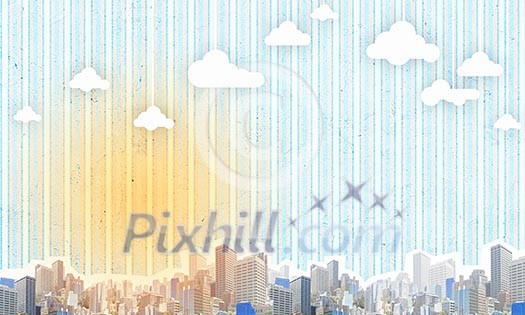 Background image with sun rays and city illustration Background image with sun rays and city illustration