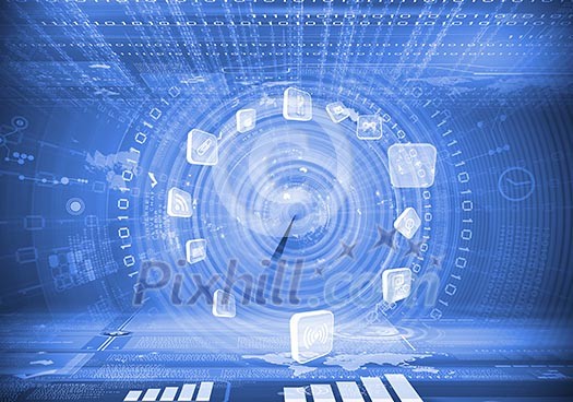 Digital image of globe with conceptual icons. Globalization concept Digital image of globe with conceptual icons. Globalization concept