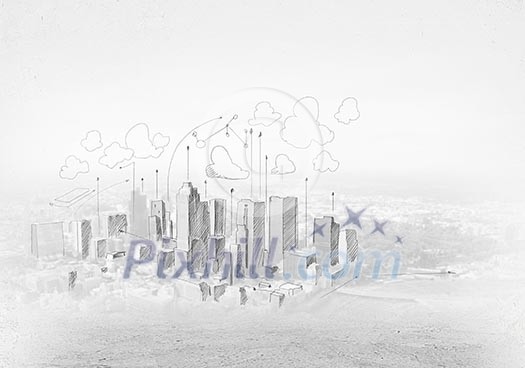 Hand drawing of urban scene. Construction concept Hand drawing of urban scene. Construction concept