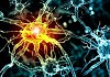 Illustration of a nerve cell on a colored background with light effects