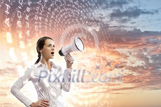 Image of young businesswoman screaming in megaphone Image of young businesswoman screaming in megaphone