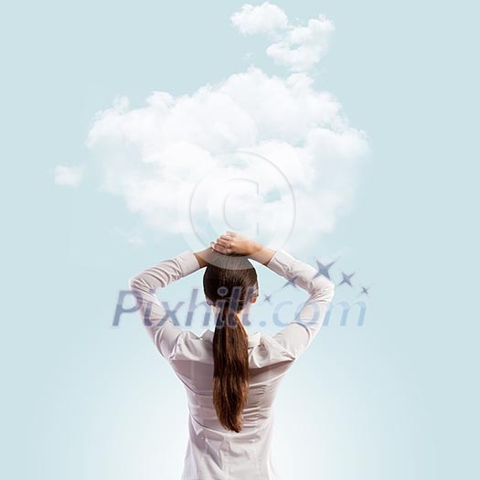 Image of thoughtful businesswoman standing with back Image of thoughtful businesswoman standing with back