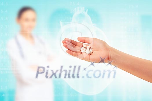Close-up image of human palm with pills. Medicine concept Close-up image of human palm with pills. Medicine concept