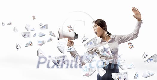 Image of young businesswoman screaming in megaphone Image of young businesswoman screaming in megaphone