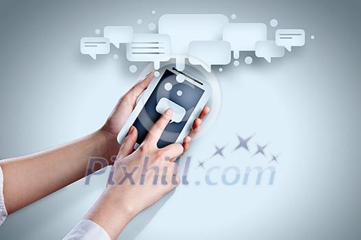Close-up image of human hands holding smartphone Close-up image of human hands holding smartphone